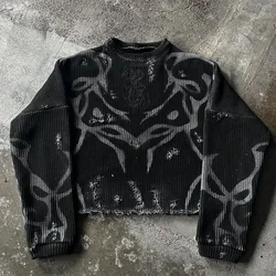 Retro long-sleeved Harajuku sweatshirt for men and women Y2K striped versatile tops punk goth high street slim pullover