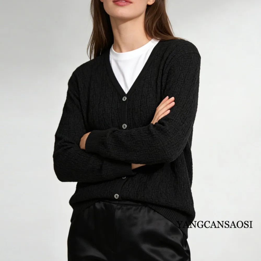2026 Women's Fashion Early Spring 20%Natural Mulberry Silk 20%Wool V-neck Simple Single Breasted Versatile Comfortable Cardigan
