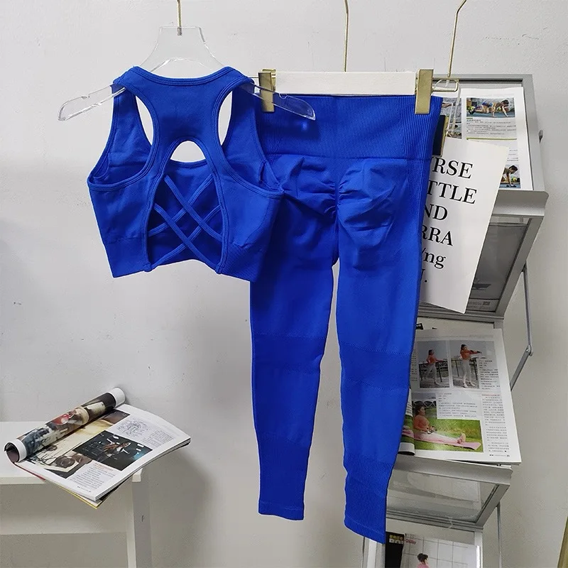 

Seamless 2PCS Legging Sets Women's Strappy Sports Bras and Leggings High Waist Fitness Sculpt Leggings Running Pants Gym Suits