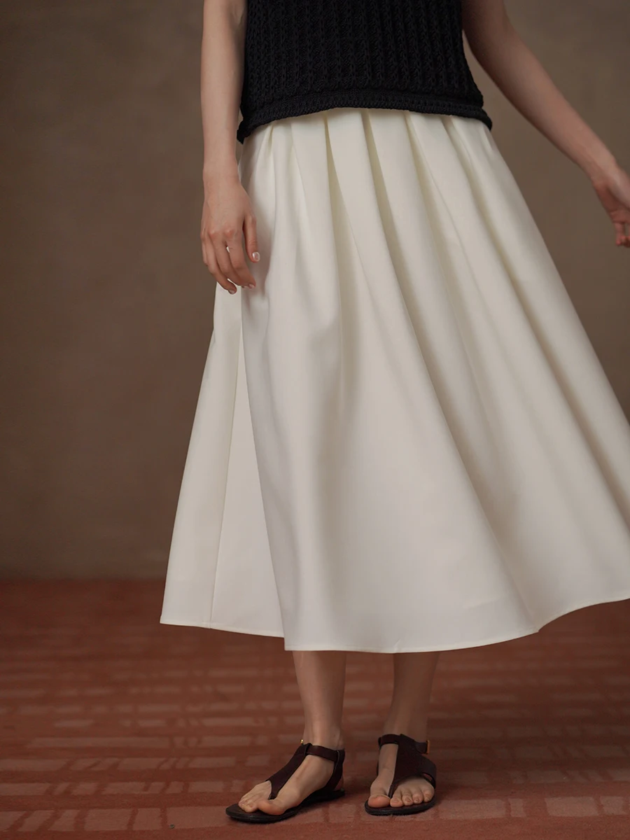 Elegant Light White Flower 3D Silhouette Slimming Pleated High Waist Puffy Commute Lightweight Half Skirt for Women