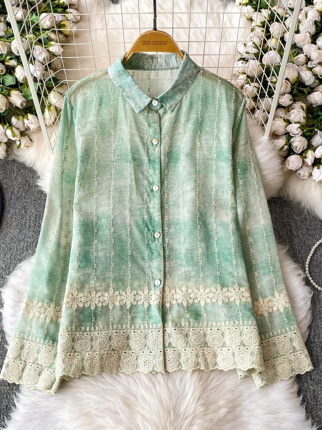 

Ele Lace Embroidery Print Turn-down Collar Loose Slimming Outerwear Women's irt Korean Sle Long Sve UV Protection