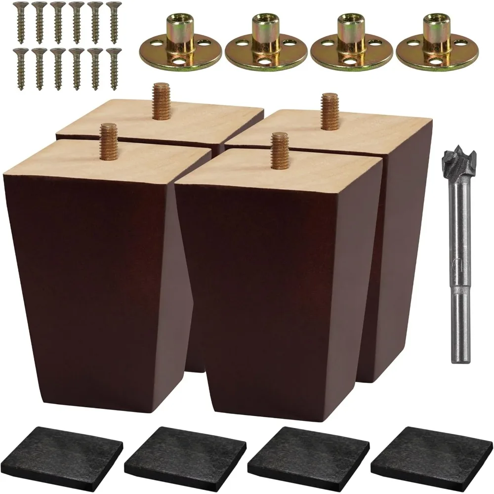 

Set of 4 Wood Furniture Legs (Drill Bit Included) - Square Sofa Legs, Couch Leg - Brown Mid-Century Modern Replacement Le