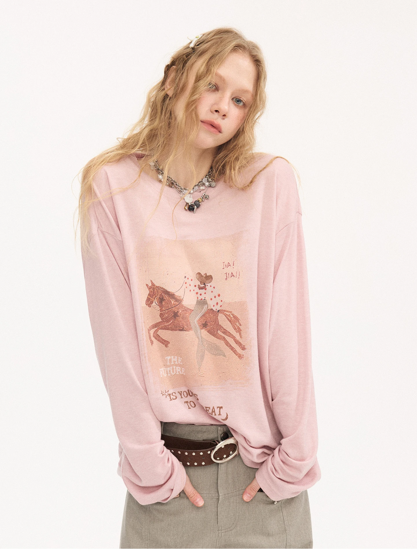 DIDDI MODA Ladies' Long Sleeve T-Shirt with  Pattern Print Loose Fit round Neck Overhead Summer Fashion College Style