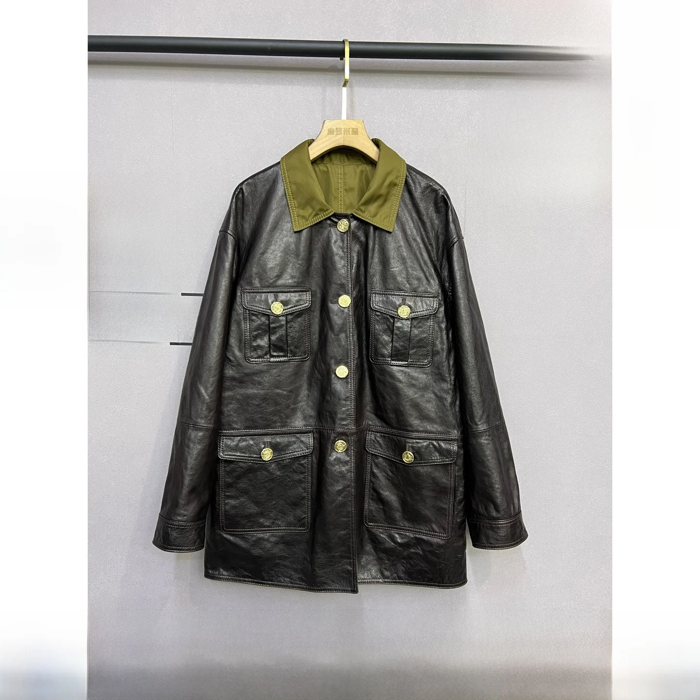 Spring 2025 Women's Double-Sided Wear Leather Jaet Vintage Sle Medium-Length Faionable Loose Fit Retro Outerwear