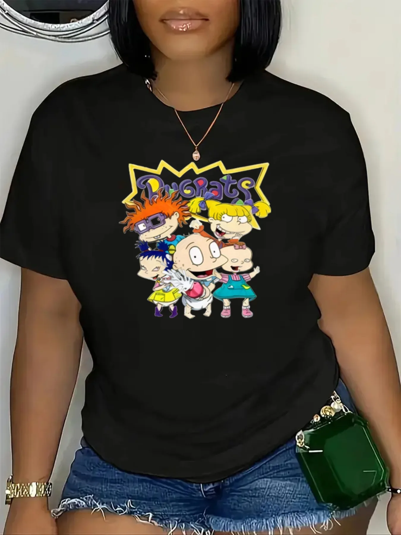 كارتون رغراتس شخصية مطبوعة عادية جولة الرقبة أزياء اليومية أعلى جولة الرقبة تي شيرت بسيط عارضة الملابس القطن التي شيرت