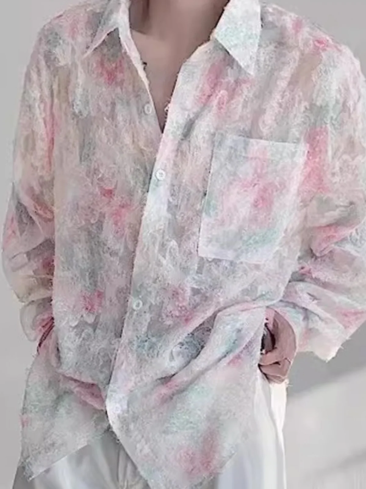 

Мужская подставка с цветочным принтом Hollow ket Lapel irt из полиэфирного волокна, осенняя молодежная 39 Sle, повседневная застежка на пуговицы