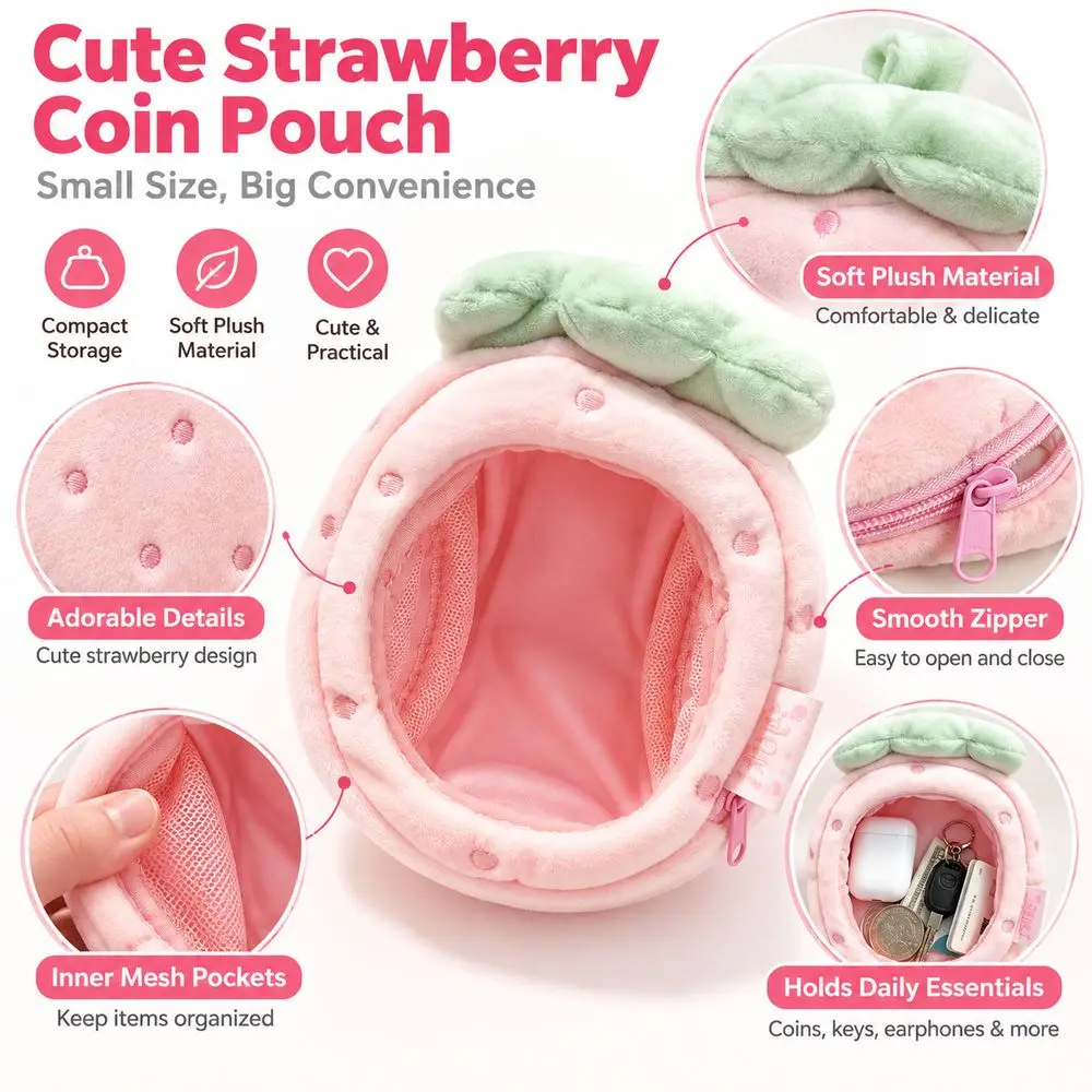 Portable Display Bag Clear Window Hanging Clip Carrying Pouch Pink Leaf Detail Strawberry Bag Travel