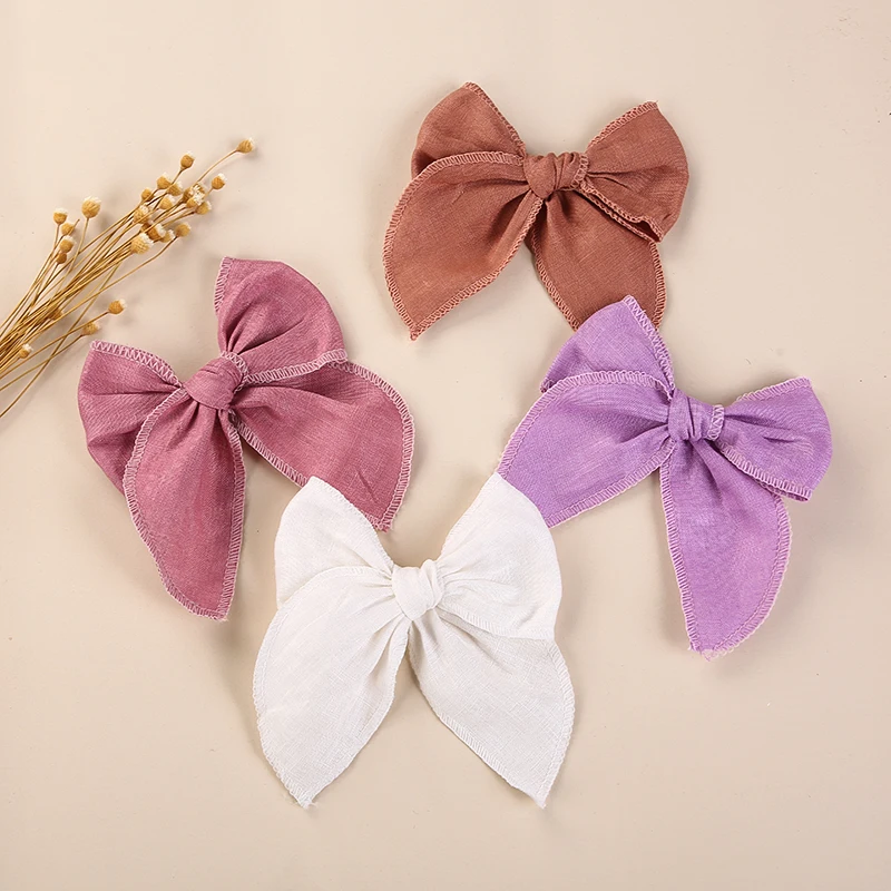 240pc/lot 3inch Linen Cotton Fable Bows Hair Clips Kid Girls Soild Colors Edge Curl Knots Nylon Headbands Baby Girls Hairpins