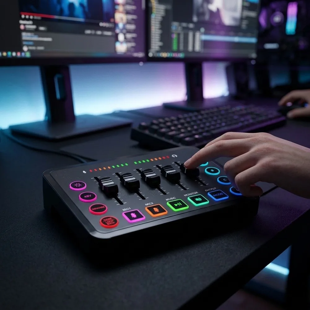 For F9 Gaming Audio Mixer Sound Card RGB Light For Dsp Noise Reduction For Otg USB Live Streaming Recording Tool For PC Mobile