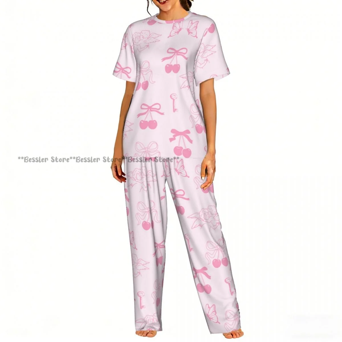 

Женский пижамный комплект: розовая лента, банты, вишни, ангелы, бабочки, короткий рукав, 2 предмета, домашняя одежда, одежда для отдыха