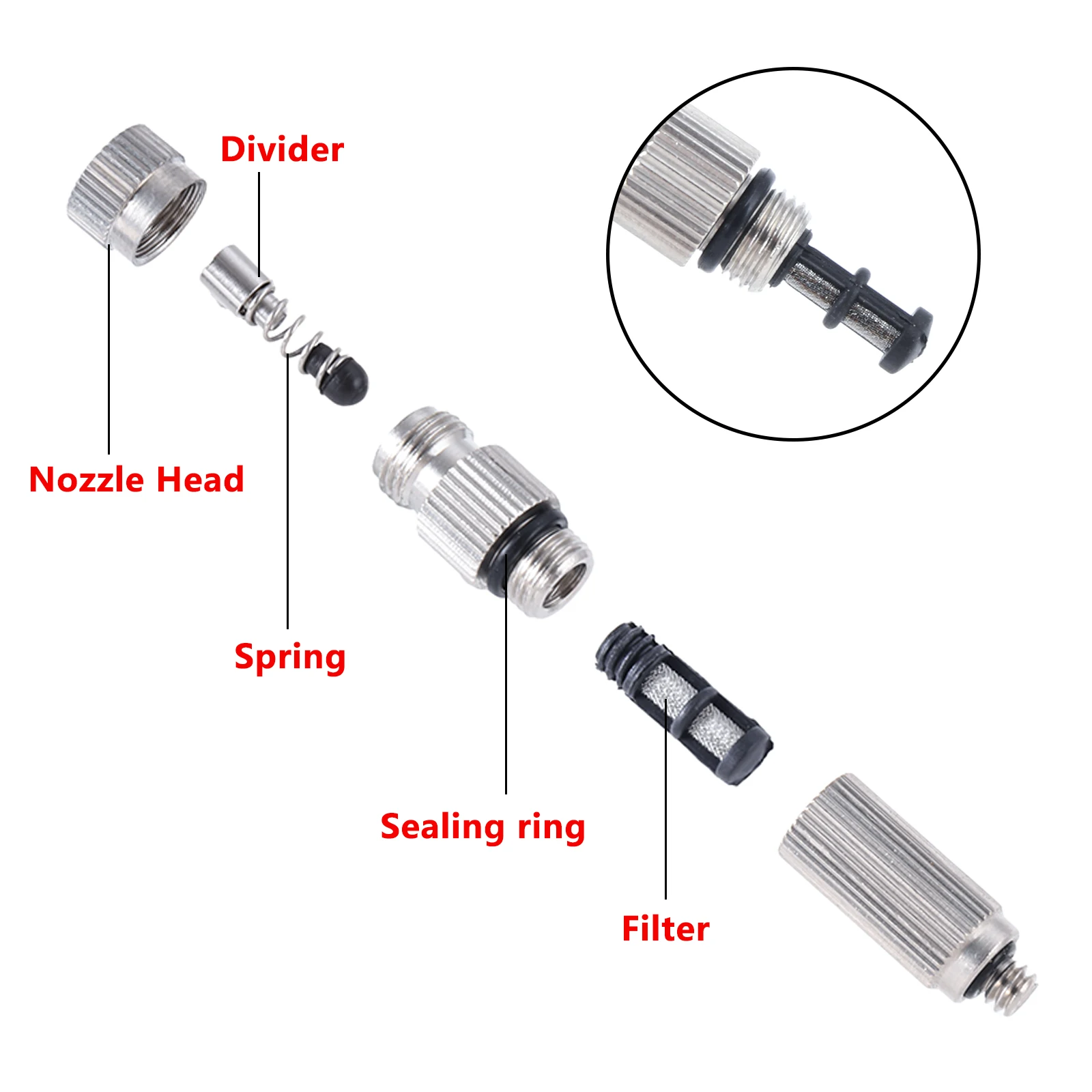 Imagem -02 - Pressão Misting Bocal com Filtro Umidificar Resfriamento Paisagismo Rega Nevoeiro Pulverizador Rosca Irrigação Suprimentos 16 50 Pcs Alta