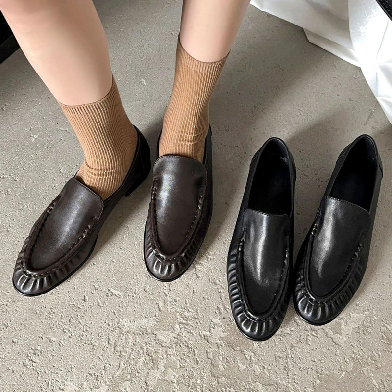 Maxdutti Minimally Lazy Retro Pleated Loafers Southern France Women's Shoes Commuting Flats British Leather Shoes Woman Shoes