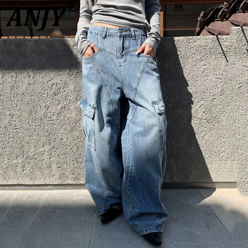 

ANJY Autumn Winter New Women Fashion Diagonal Design Multi-Pocket Wide-Leg Jeans Trend Street Versatile Cargo Denim Pants A17732