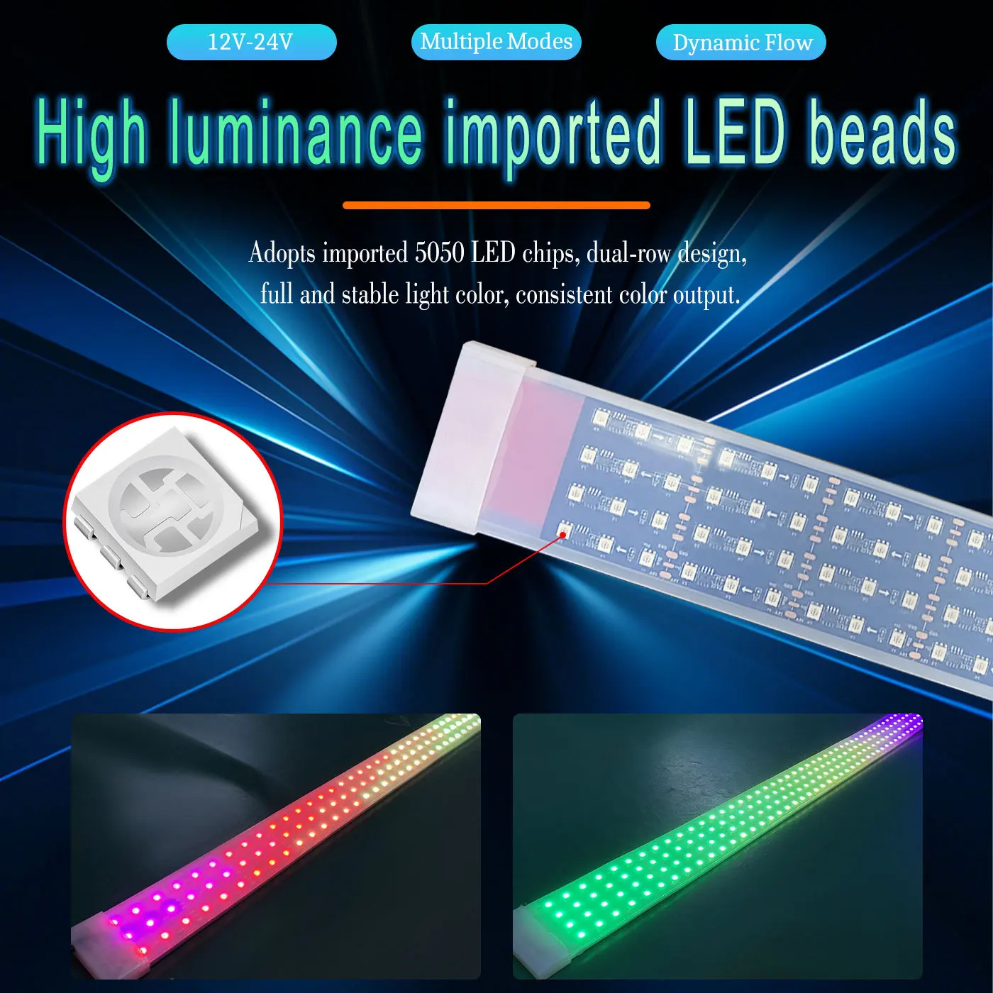 24V Truck Flowing Streamer Light Strip RGB 64 Color Visor Dynamic Decorative Light 3 rows 4 rows Atmosphere Light Remote Control