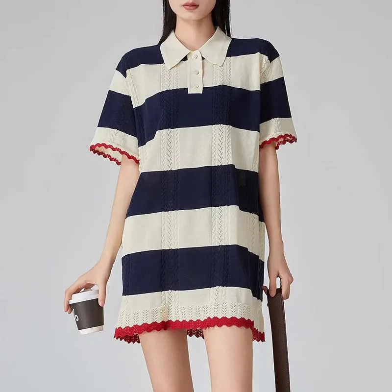 

Summer Stripe Contrast Straight Skirt Polo Collar Lace Short Sleeve Fried Dough Twists Skirt Slim Dress