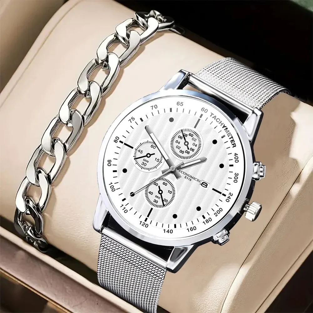 2Pcs Men's Fashion Trend Simple Business Three Eyes Calendar Digital Network With Quartz Watch Luxury Alloy Bracelet Set