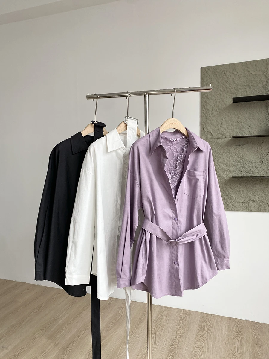 2025 Spring New Korean Version Temperament Long-sleeved Shirt Jacket + Sexy Purple Lace Inner Two-piece Sets Women Outfits