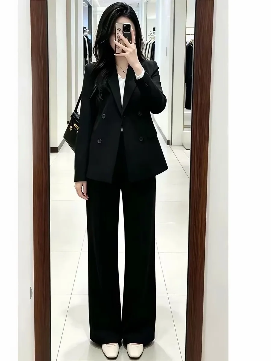 New Double-Breasted Loose Black Suit Jacket Women's Spring Autumn Interview Formal Workwear Polyester Fiber Anti-Wrinkle