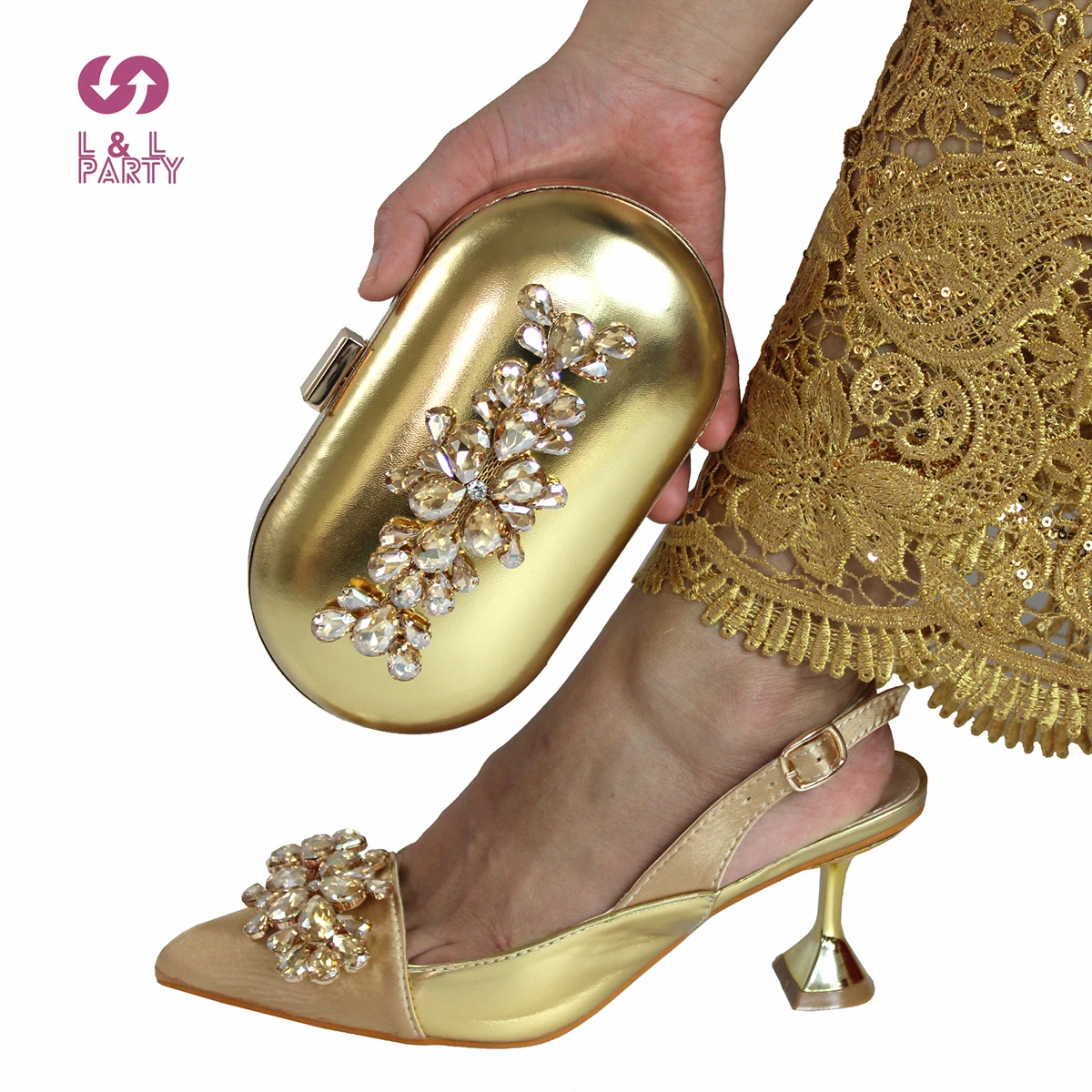 New Style Gold Color for Wedding Shoes and Bag Set Italian Women Pointed Toe Spike Heels Sandals Matching Clutch for Party