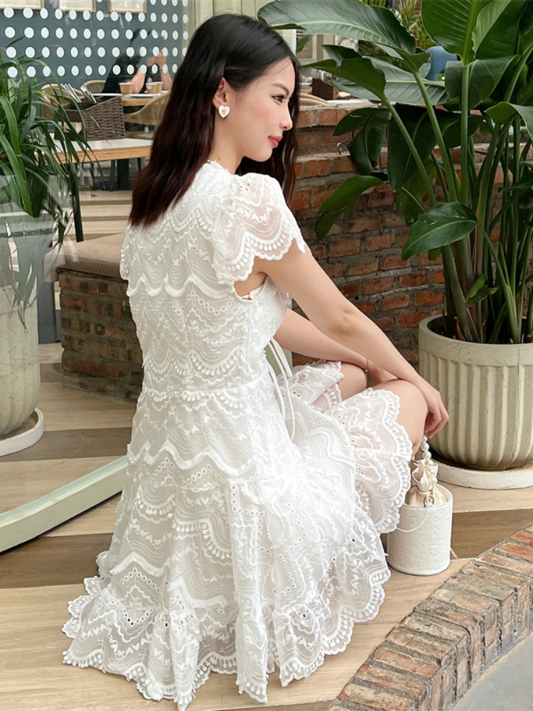 Aoi Elegant A-line Dresses Women 2023 Summer Y2k Sexy Lace Hollow Gouhua V-Neck Slimming High Waist Ruffled Short Skirt