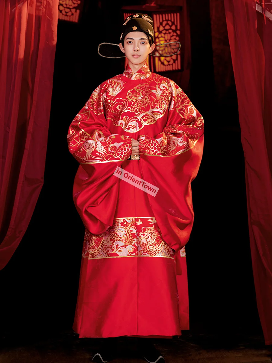 Men and Women Ming Dynasty Red Wedding Standard Hanfu Bride Long Coat + Horse Face Skirt Groom Round Neck Overcoat + Gown Robe