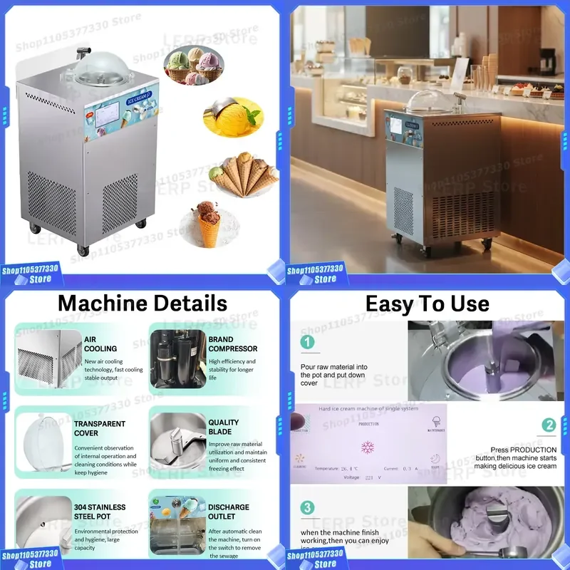 Commercial Vertical Hard Ice Cream Maker Automatic Soft Serve Machine for Restaurant Coffee Shop High Quality Stainless Steel