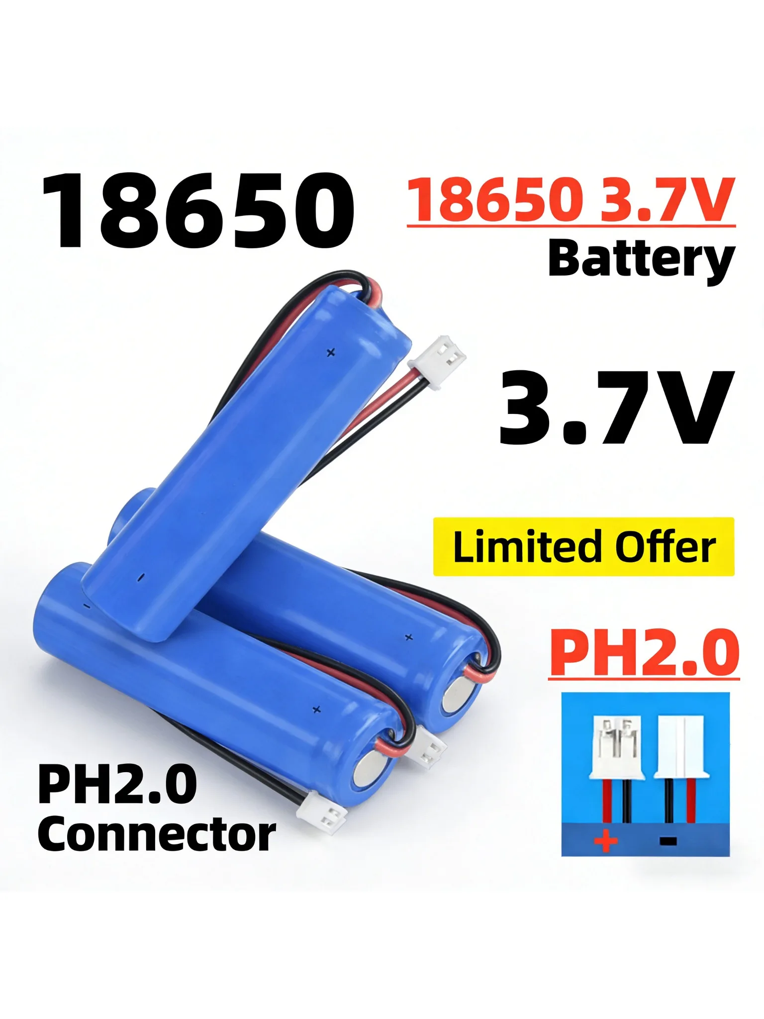 Akumulator litowy PH2.0 18650 3000mAh 3.7V z płytką PCB do głośnika, radia, reflektora, zabawki — 2
