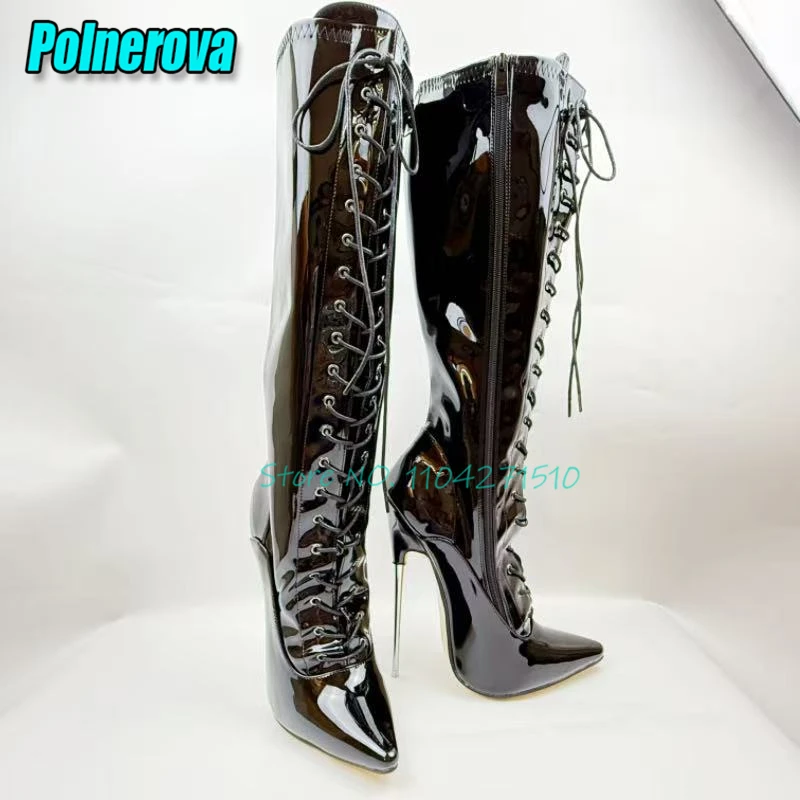 مثير براءات الاختراع والجلود 18 سنتيمتر عالية الكعب عبر حزام أشار تو الجانب سستة الإفراط في الركبة الأحذية الأوروبية والأمريكية النساء الأحذية