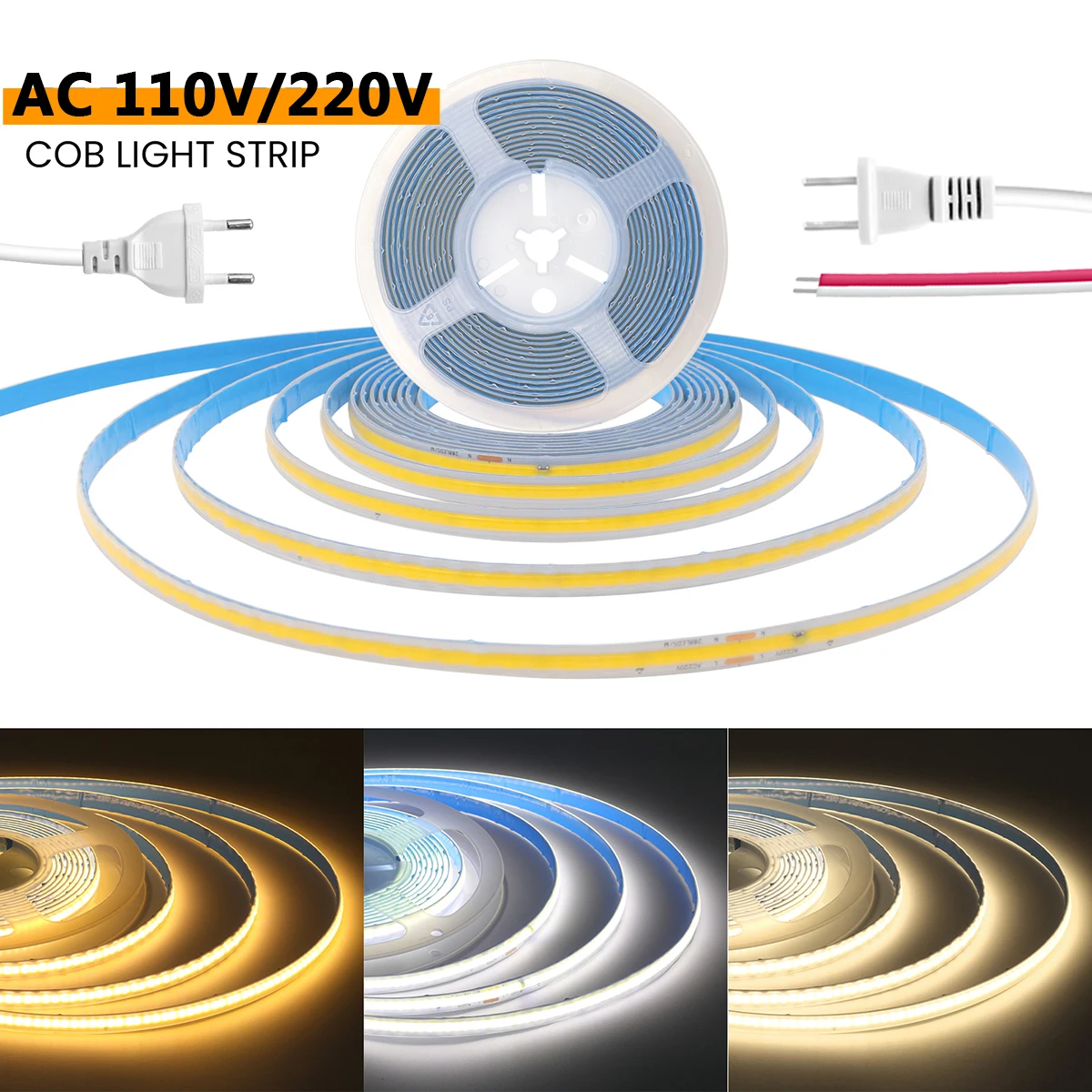 220V 110V COB LED Light Strip With EU/US Plug 2pin Wire 288 LEDs/m IP65 Waterproof Cuttable Flex Tube High Density Lighting Lamp