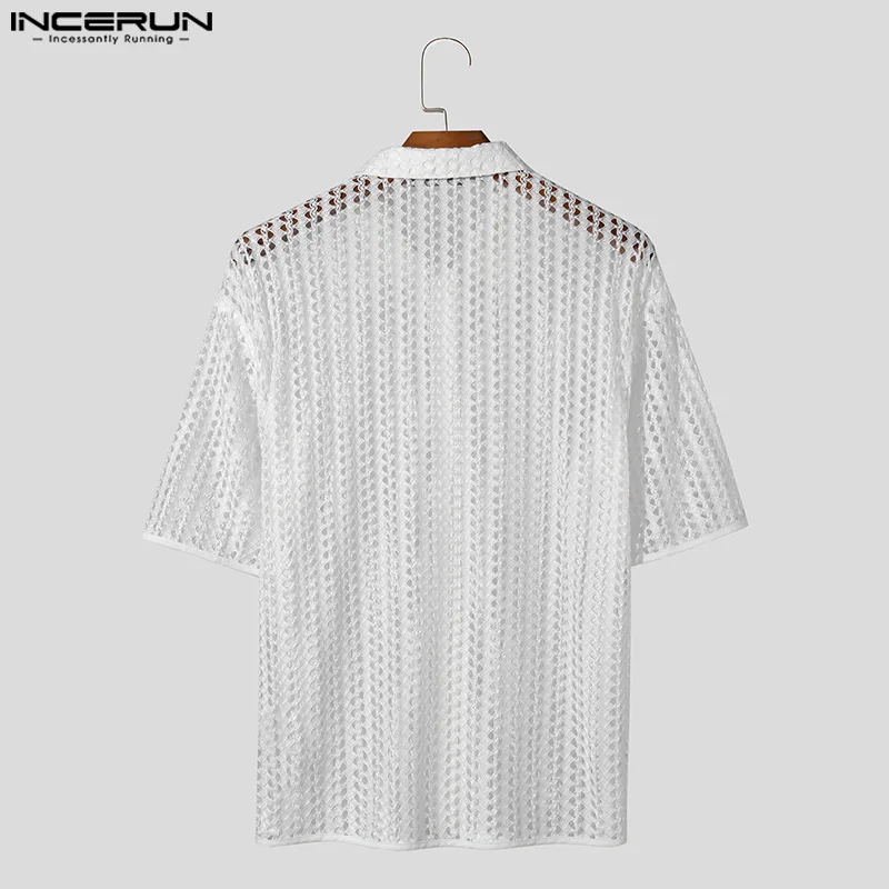 Incerun Tops 2024 Amerikaanse Stijl Nieuwe Mannen Holle Sexy Perspectief Dunne Shirts Casual Streetwear Eenvoudige Korte Mouwen Blouse S-5XL