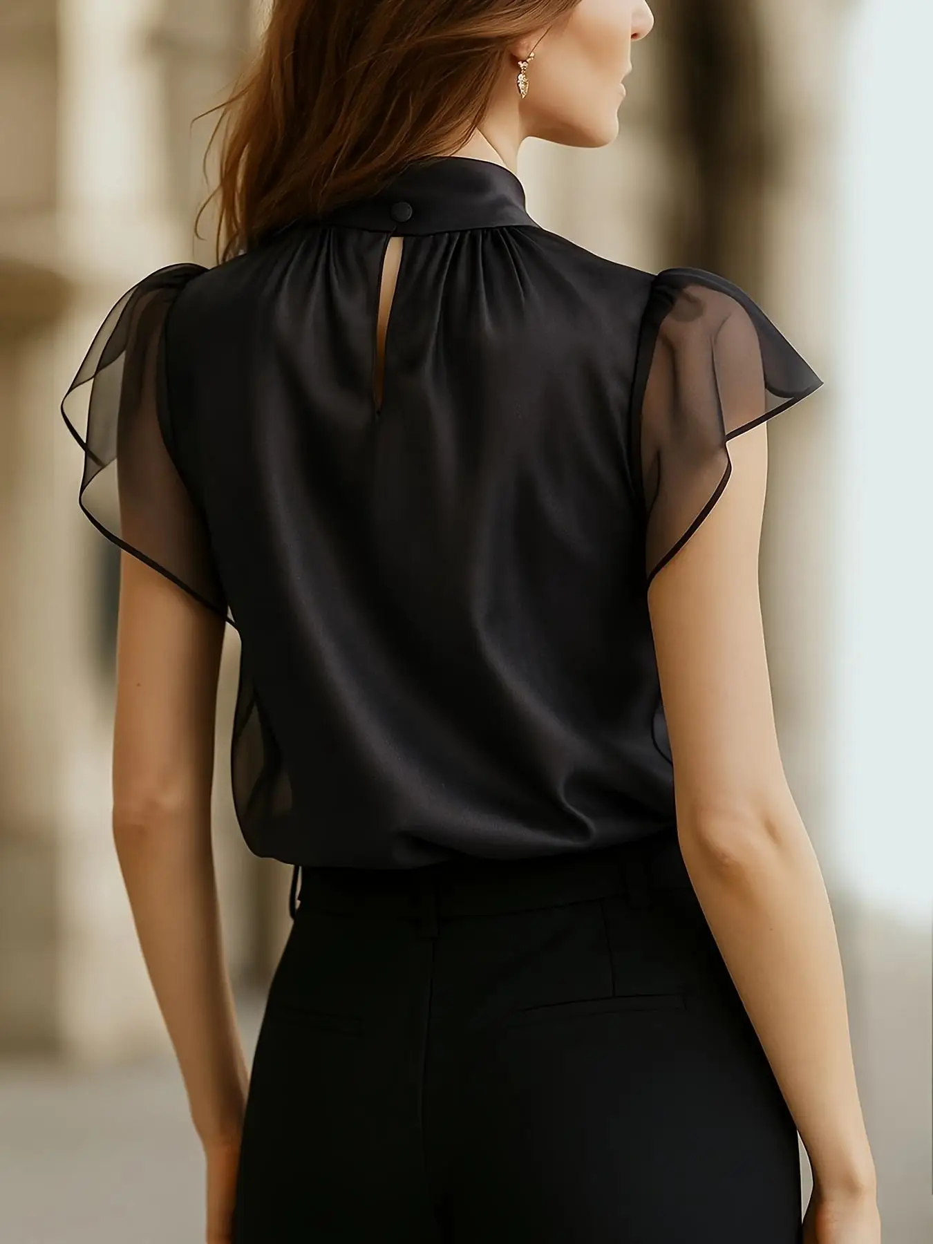 Ladies Elegant Solid Color Mesh Sleeveless Top Classy Women's Fashion Transparent Design Half Sleeve T-Shirt