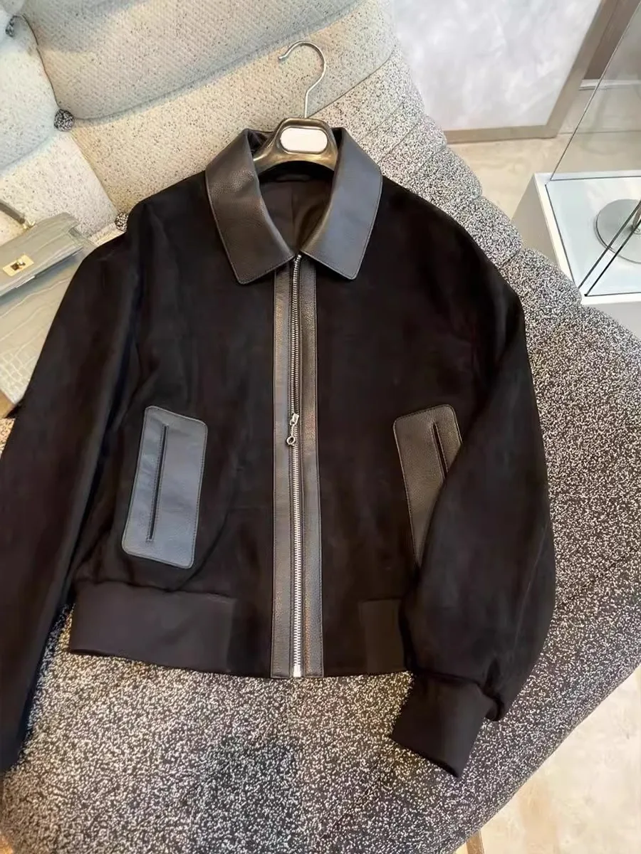 Faionable Bla Spliced Leather Velvet ort Jaet Loose Casual Leisure Turn-down Collar Coat for Men And Women Spring Autumn