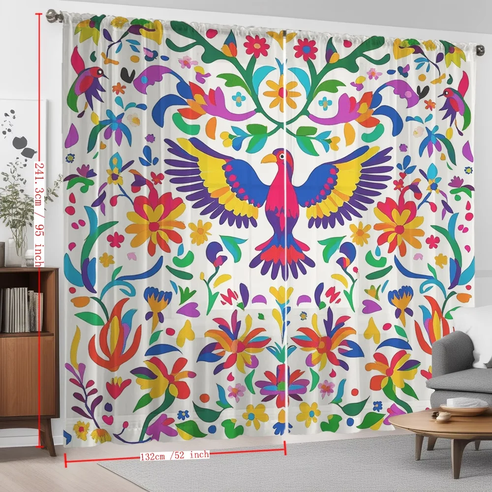 2PCS Digital Printing Sheer Curtain, Mexican Folk Art Birds Flowers Pattern, Vibrant Ethnic Bohemian Fiesta Living Room Decor - view 3