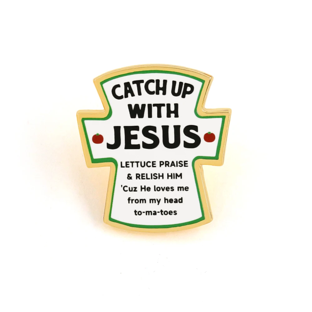 Catch Up With Jesus Kreuz-Brosche Christlich Humorvolle Salat-Tomaten-Wortspiel Emaille-Anstecknadel Religiöser Glaubens-Anstecker für Kleidung – Detail 1