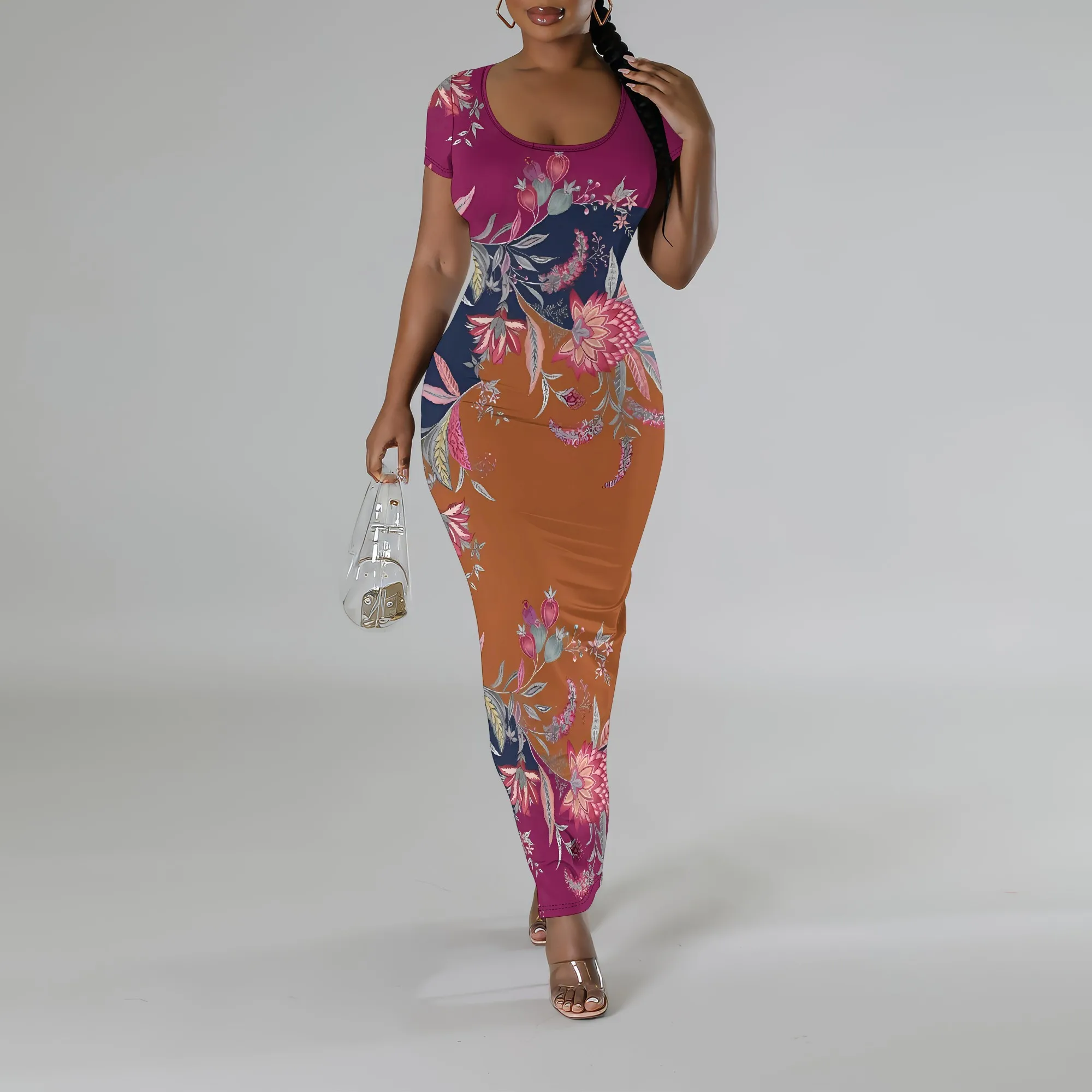 

Nupusa Purple & Brown Floral Print Bodycon Dress for Women Regular Size Summer Casual Square Neck Short Sleeve Dress