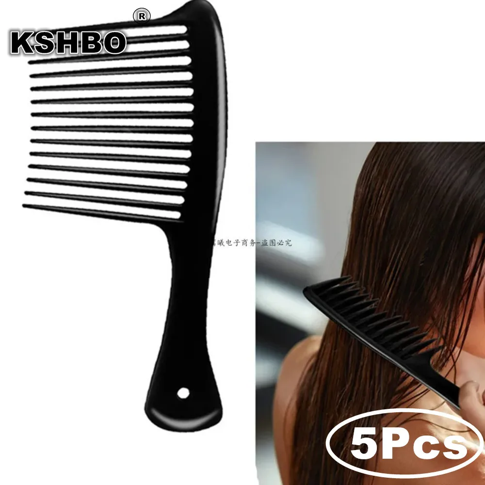 5PCS Black Large Wide Tooth Comb with Hook Handle Hair Loss Reduction Detangling Styling Brush for Salon Dyeing Haircare Tools