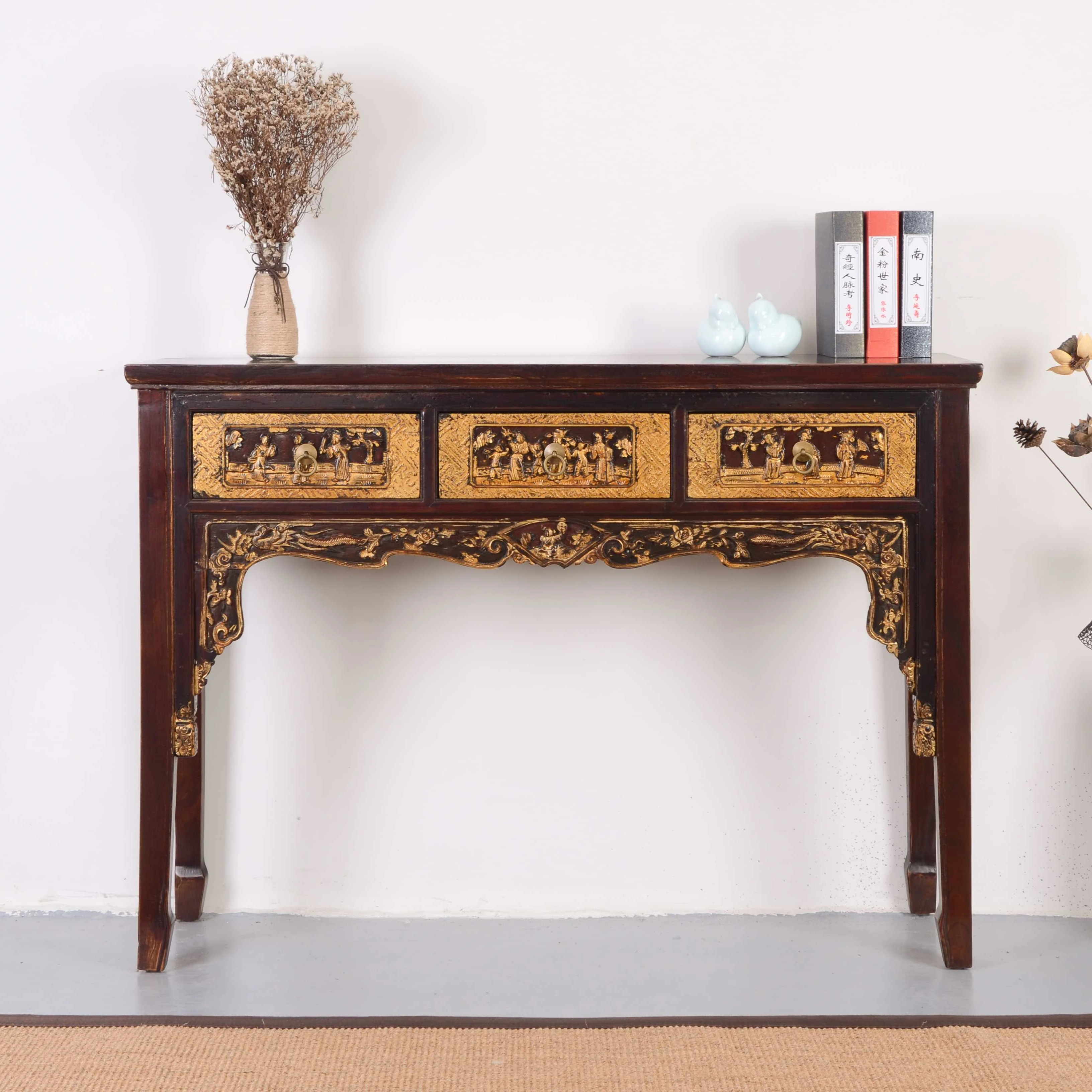 ❁w Hand-Painted Peony Phoenix Distressed Brass Hardware Sideboard Solid Wood Prosperity Wealth Meaning for Living Room Dining o