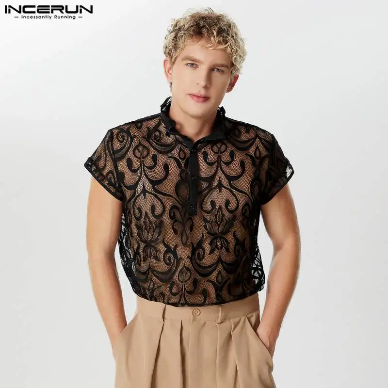 

INCERUN Tops 2024 American Style Sexy Men's Stand Neck Jacquard Lace Shirt Male Casual Party Hot Sale Short Sleeved Blouse S-5XL