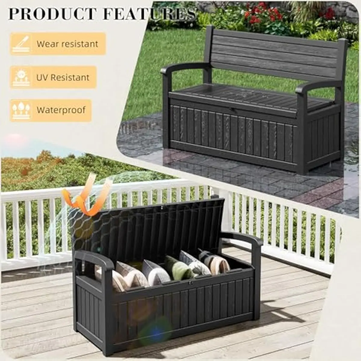 80 Gallon Outdoor Storage Bench Deck Box Waterproof Resin, Lockable Patio Furniture with Seat for Garden Tools Cushions - view 5