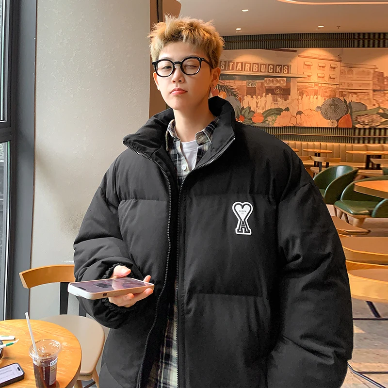 

Мужская зимняя куртка оверсайз из утолщенного хлопка, новая модель, свободный крой, воротник-стойка, теплая молодежная повседневная куртка-пуховик однотонного цвета