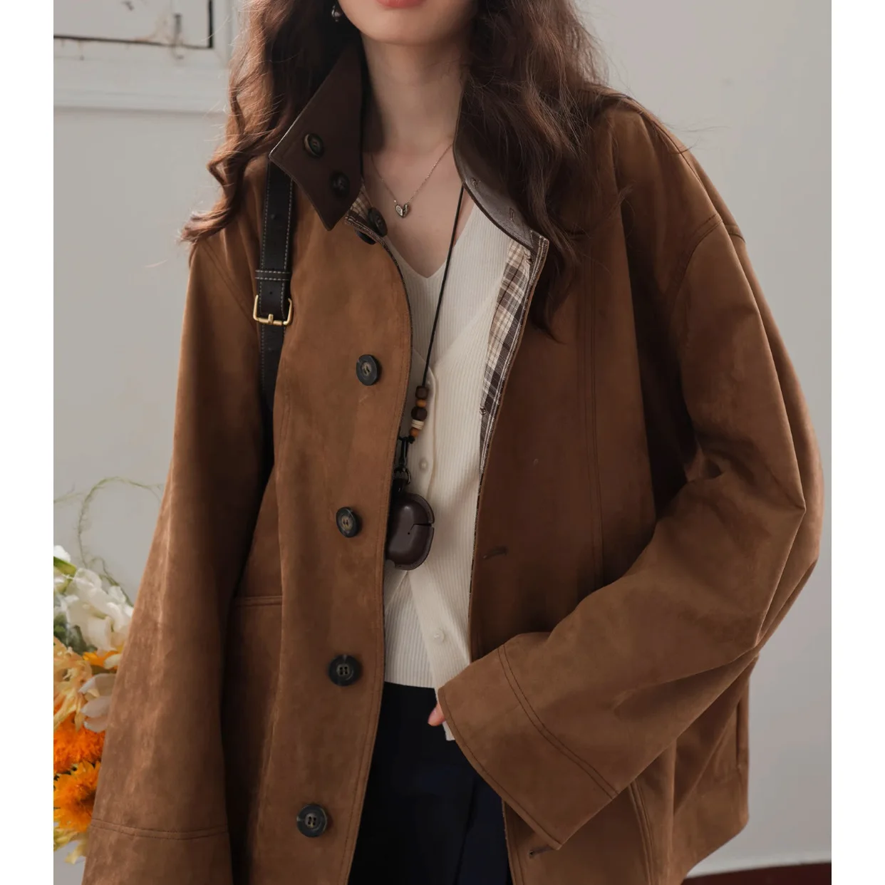 

Double-Sided Wear Plaid Suede Stand Collar Jaet Casual Sle Chinese Production Regular Thin for Ladies Autumn Faion