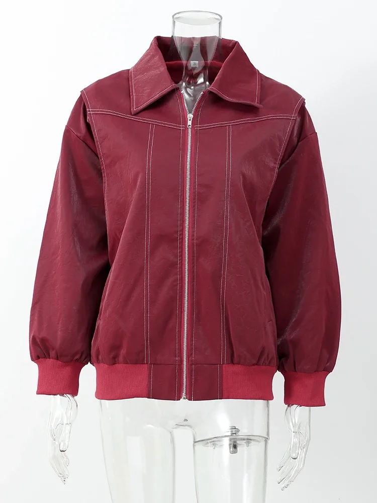 Frauen Wein rot Reiß verschluss Lederjacke lässig Langarm Revers kurz geschnittenen Mantel Vintage Herbst Mode Oberbekleidung