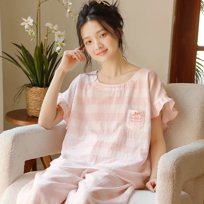 

Pajamas Summer Pure Cotton Fabric New Short-sleeved Cropped Pants 2PCS Sweet Women's Double-layer Yarn Loungewear Set