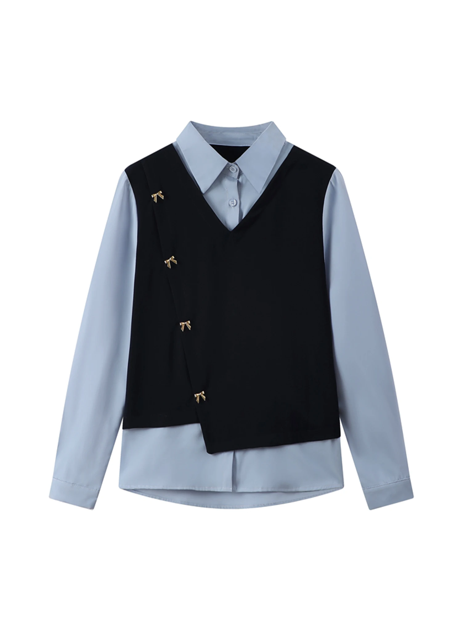 

Женские синие лоскутные рубашки с воротником поло, блузки, винтажные элегантные эстетичные рубашки оверсайз с длинными рукавами 2000-х годов, весна-осень