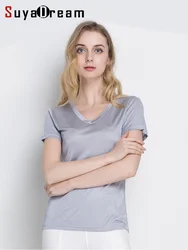 SuyaDream Women Silk T shirt Knitted Natural Silk Short Sleeve Solid V neck Basic Tee 2025 Summer Top， Blue, Grey