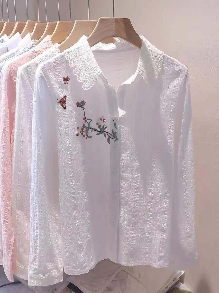 Comfortable Cotton Embroidery Shirts and Blouses For Women 2024 Spring Long Sleeve Camisas Office Lady Elegant Versatile Top