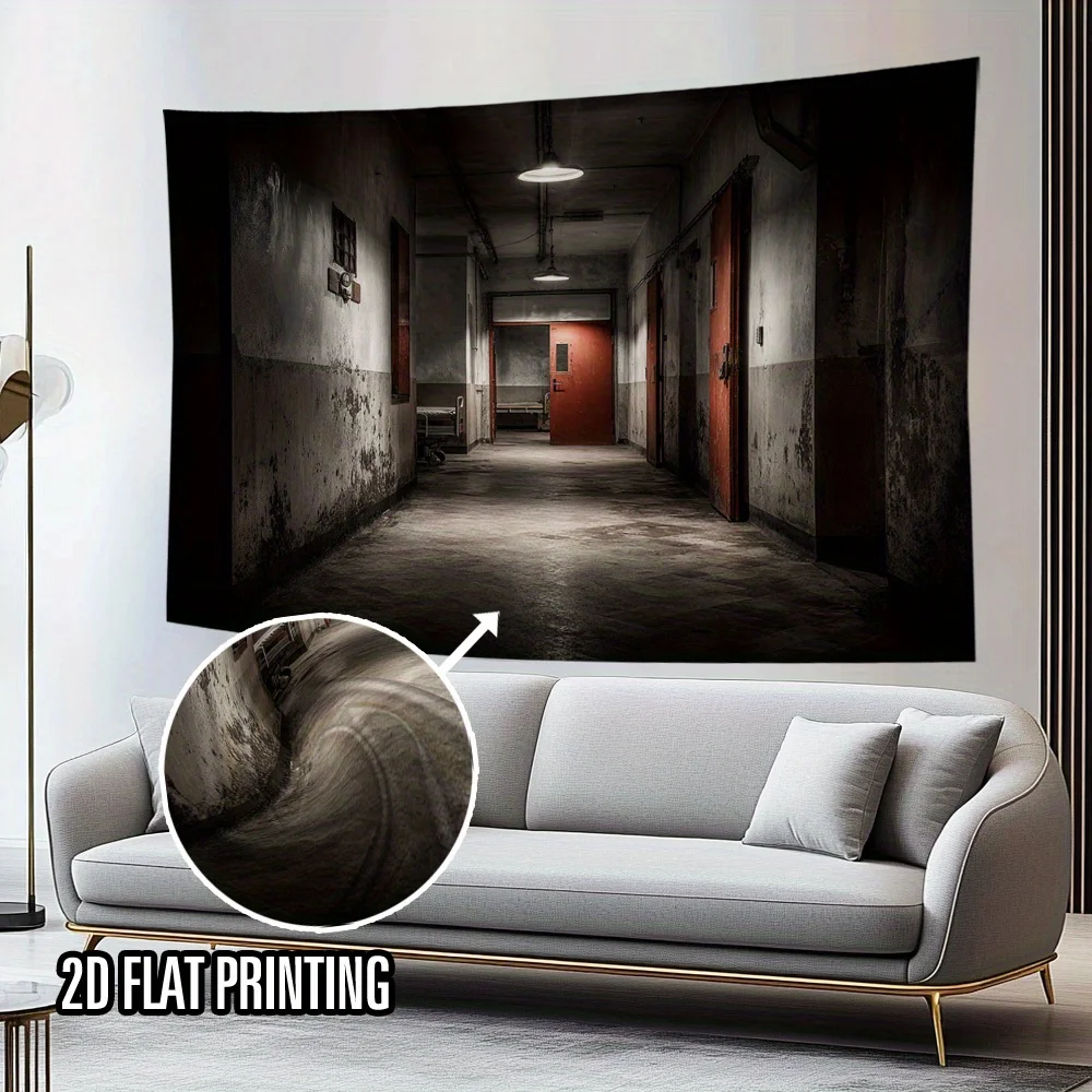 Un bannière de fond de couloir d'hôpital abandonné d'Halloween - Décoration murale en tissu polyester durable, ornement d'Halloween