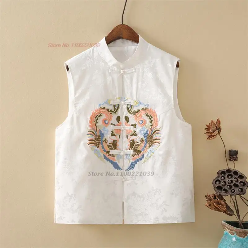 2024 chinese vintage gilet national flower embroidery satin jacquard vest tang suit oriental stand collar sleeveless jacket vest