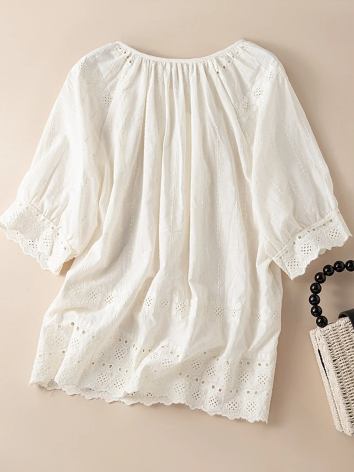 Sweet Doll irt レディース 夏用 ルーズ ファッション レーストリム ホロー刺繍 ラウンドネック オルト スヴェ ブラウス レトロ 通勤 スレ