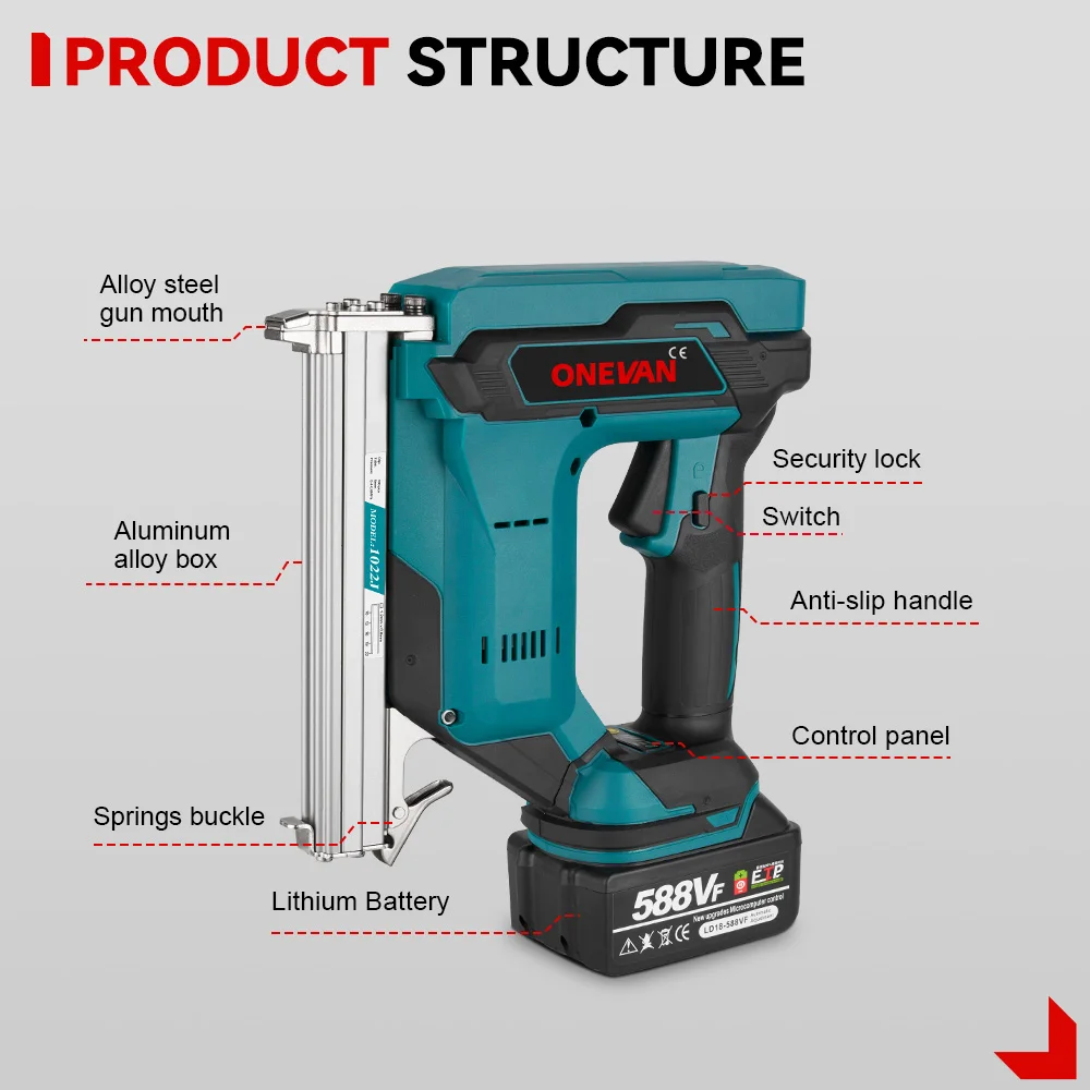 ONEVAN 2Gear Brushless Electric Nail Gun 1022J U Nailer Cordless Stapler Nailer Wookworking Tool For Makita 18V Battery Pin